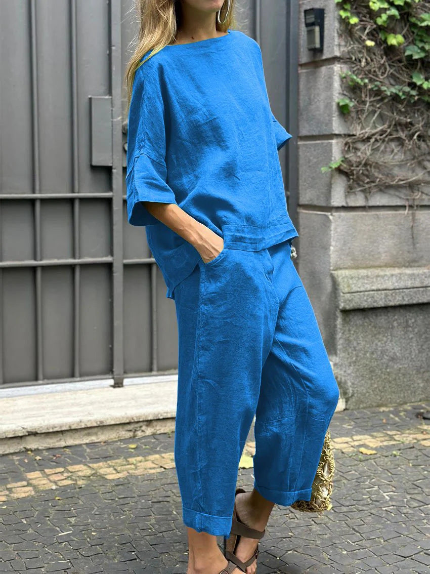 Damen Bequem Set aus gefalteten Hosen und Shirt