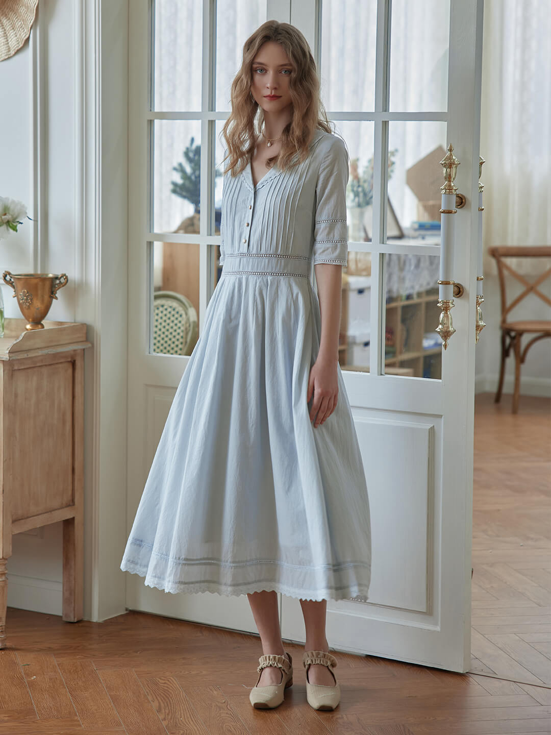Fiona 100% Baumwolle Denim Blau Midi Kleid
