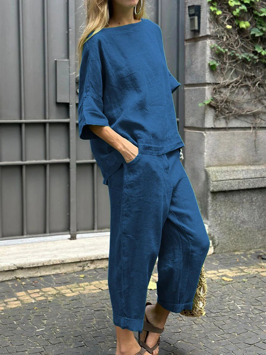 Damen Bequem Set aus gefalteten Hosen und Shirt