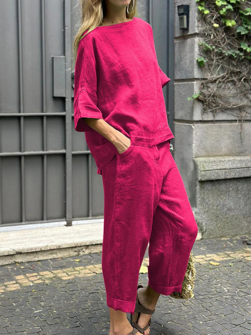Damen Bequem Set aus gefalteten Hosen und Shirt