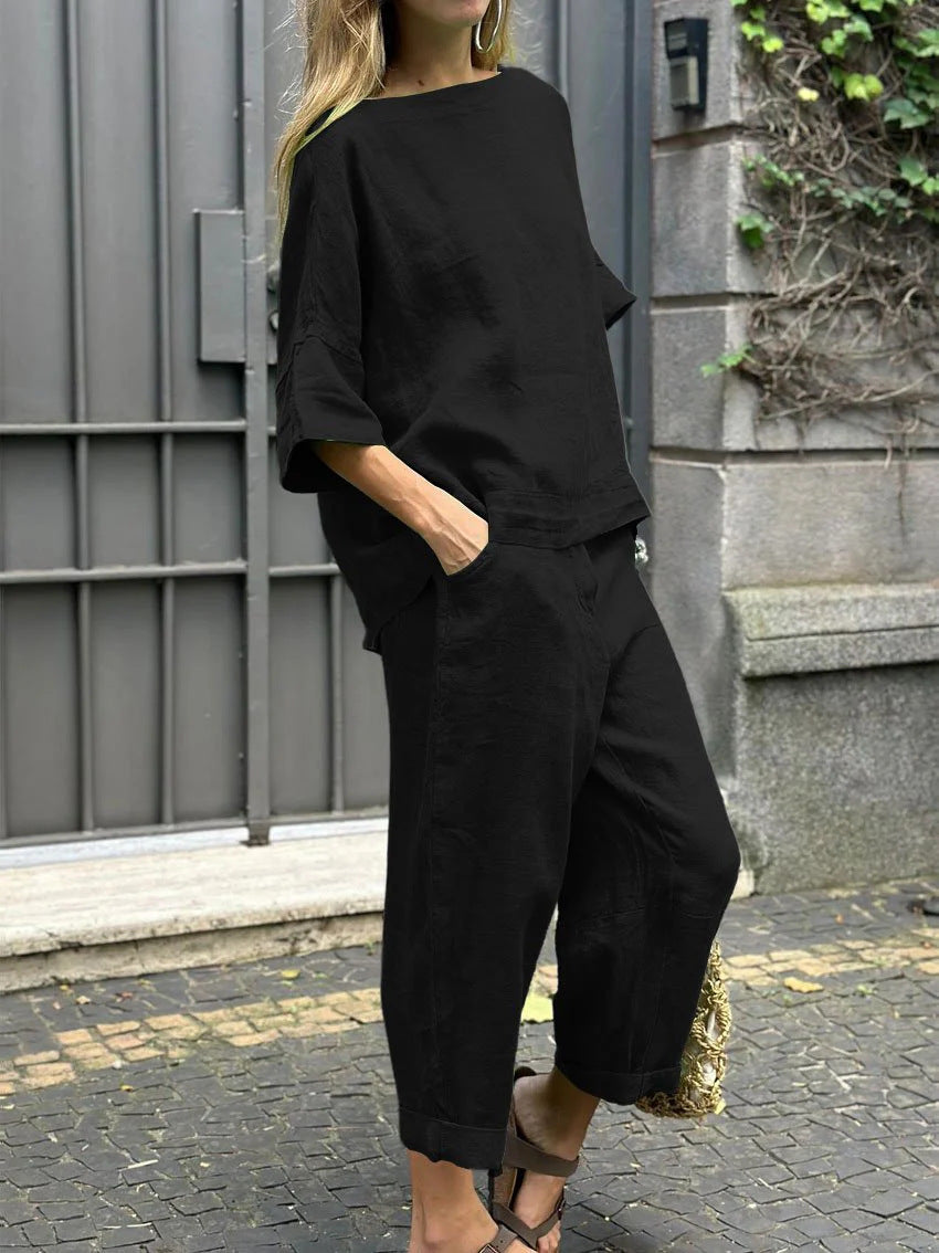 Damen Bequem Set aus gefalteten Hosen und Shirt