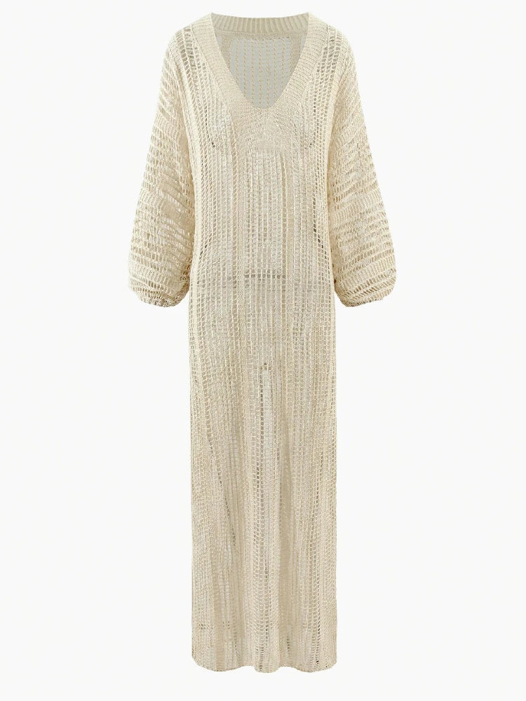 Elegantes sexy durchscheinendes V-Ausschnitt Lanternenärmel Kleid mit seitlichem Schlitz aus gehäkeltem Material für den Strand Maxi Kleid